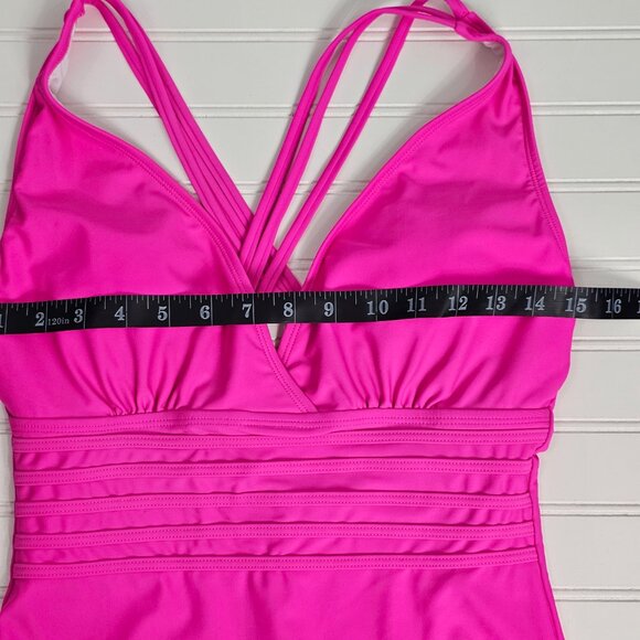 Women's Pink Plunge Neck Strappy Back One Piece Swimsuit Size M NWOT - Picture 11 of 13